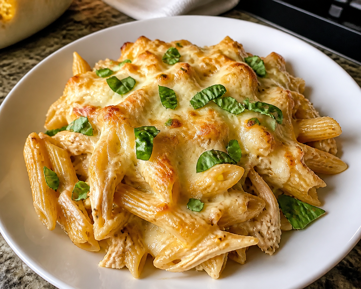Creamy High-Protein Chicken Cottage Cheese Pasta Bake